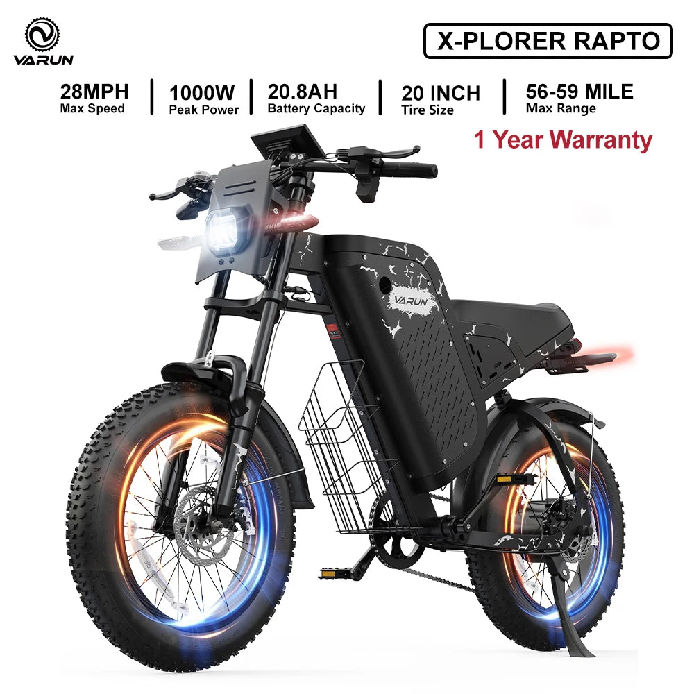 Varun X-Plorer Rapto Adult Electric Bike, 1000W Peak Power, 48V 20.8Ah, 20"x4 Fat Tire, 28MPH, E-bike UL 2849, 1 Year Warranty