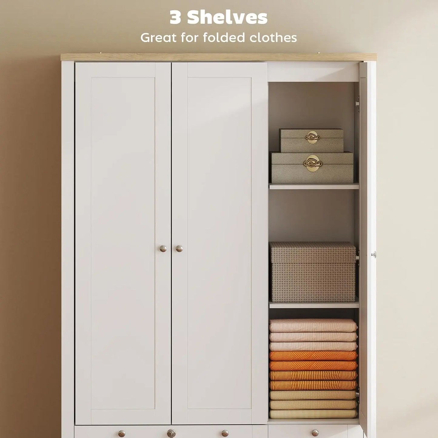 3 Door Armoire Wardrobe Closet with 2 Drawers, 69" Clothing Storage Cabinet with Lockable Large Drawer, Hanging Rod, Customized