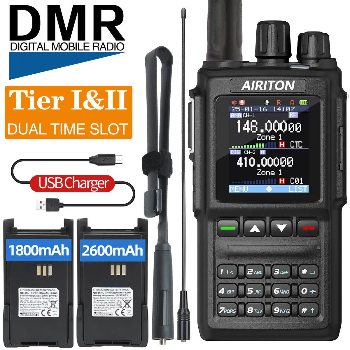 DM-168 Walkie Talkie AES256 Encryption DMR Digital and Analog Dual Band FM Amateur AT-D168UV Two Way Radio with USB-C charging