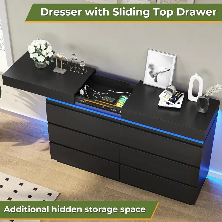 Modern 6 Drawer Dresser with Sliding Desktop, Wide Chest of Drawers with Charging Station & LED Lights, Large Storage Tow