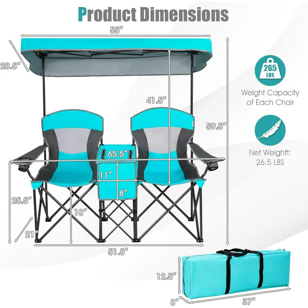 Camping Chair with Adjustable Shade Canopy, Portable Beach Chair with Cooler Bag, 2 Cup Holders, Carrying Bag