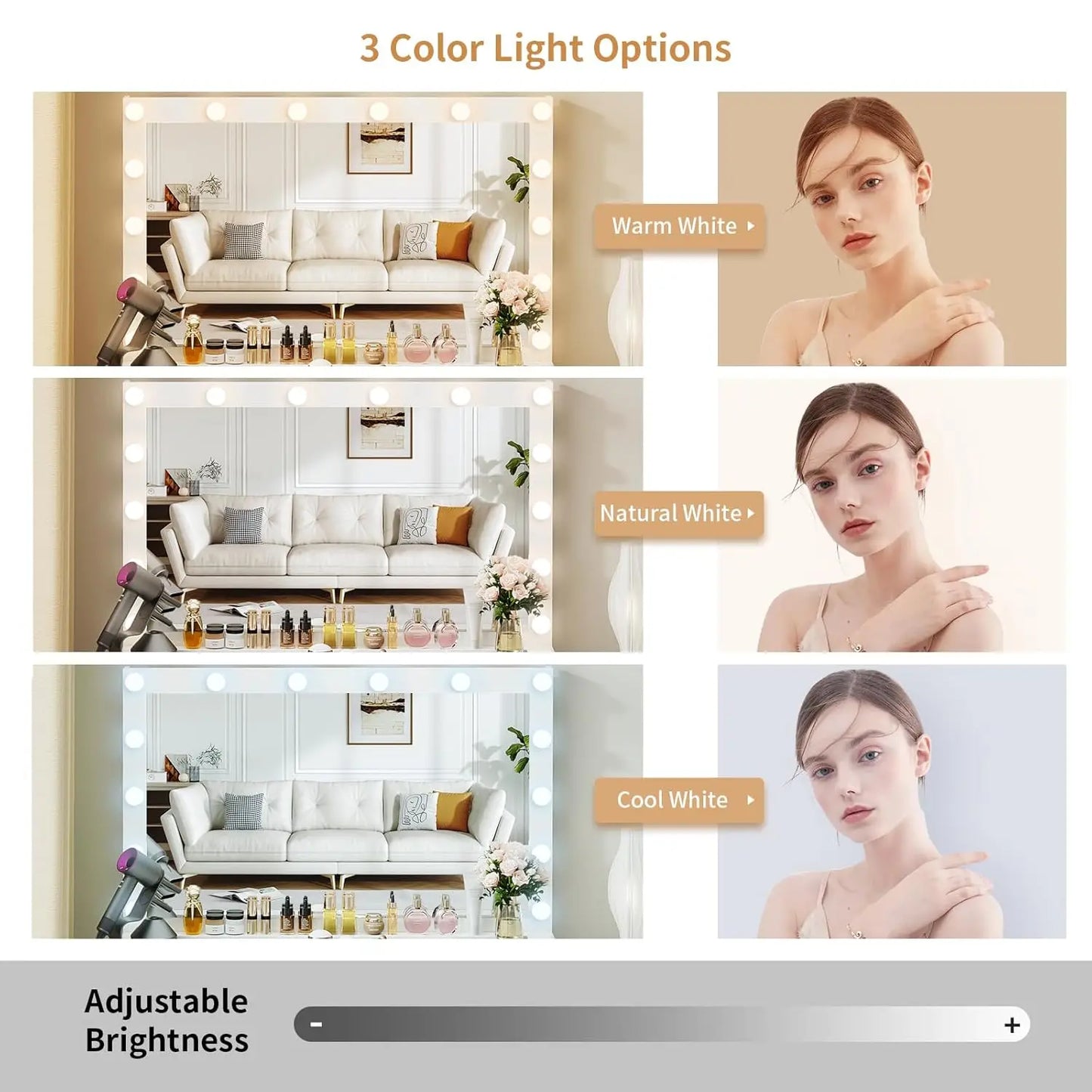 Vanity with Lighted Mirror - Makeup Vanity Desk with Glass Top, 7 Drawers and Power Outlet, 3 Color Lighting Modes, Customized