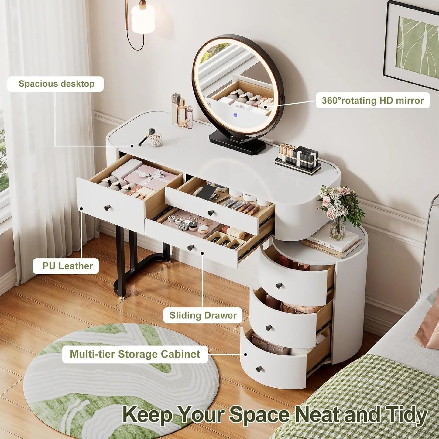 Vanity Desk with Round Mirror and Lights | Small Makeup Vanity with 6 Drawers | Dressing Table Adjustable | Modern, Customized