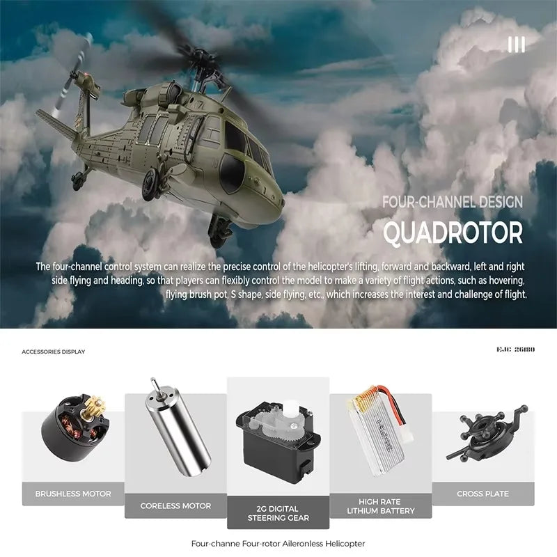 Wltoys K170 RC Helicopter UH-60L 4 Channel Remote Control brushless Helicopters with Gyro and LED Light Durable Airplane Toy