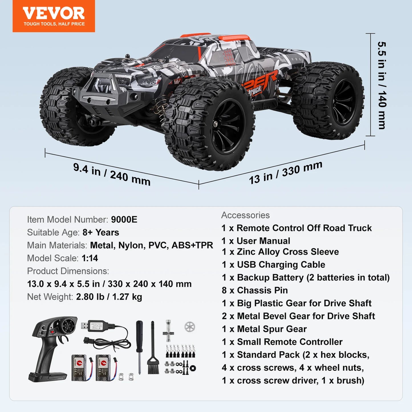 SucceBuy 1:14 Brushed 38KM/H 4WD RC Car All Terrain Off-Road Toys with 2 Batteries Monster Drift Racing Truck for Kids Gifts