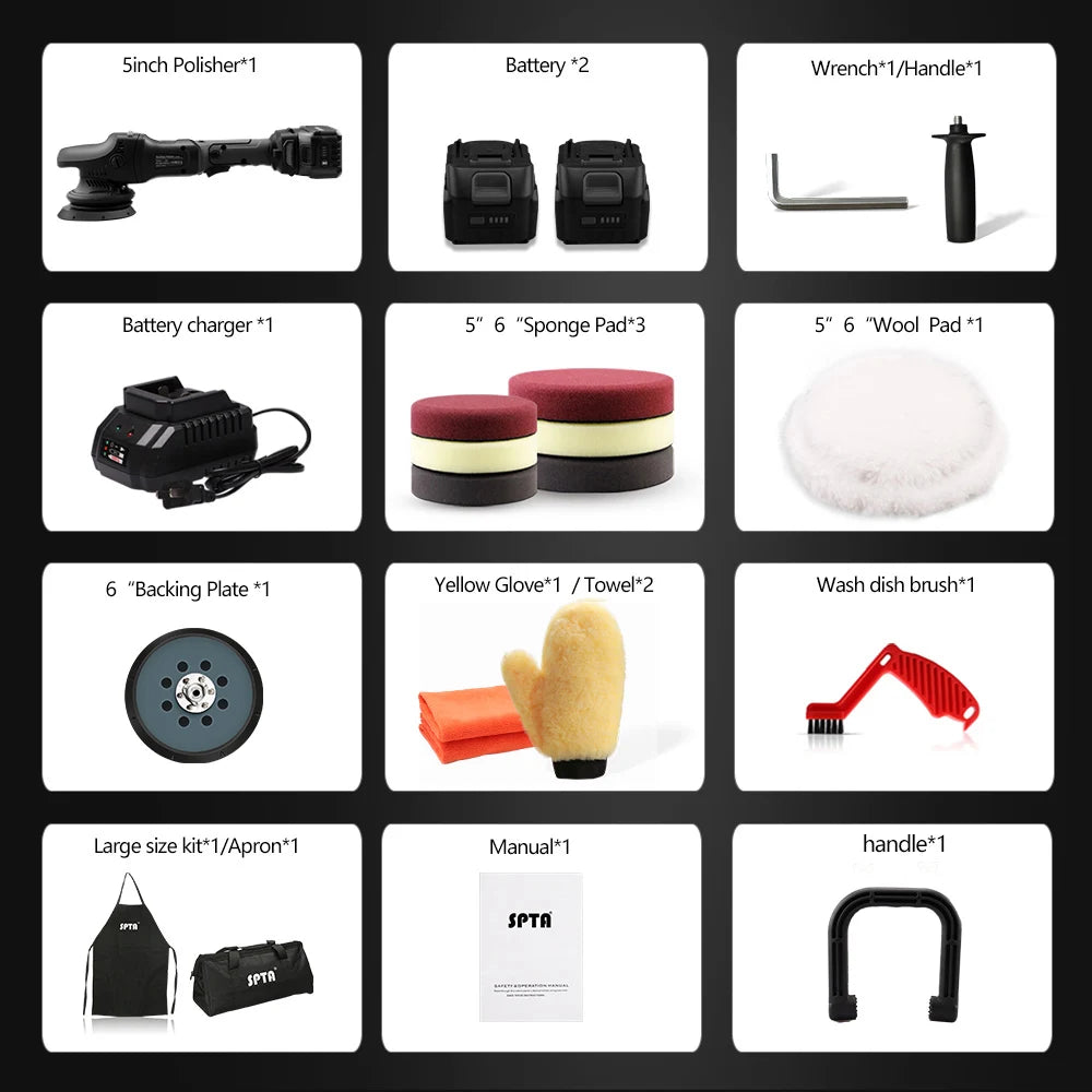 SPTA 18V 5Inch Cordless Car Polisher Dual Action 15mm Orbit  Variable Speed Polishing Machine With 4000mAh Battery