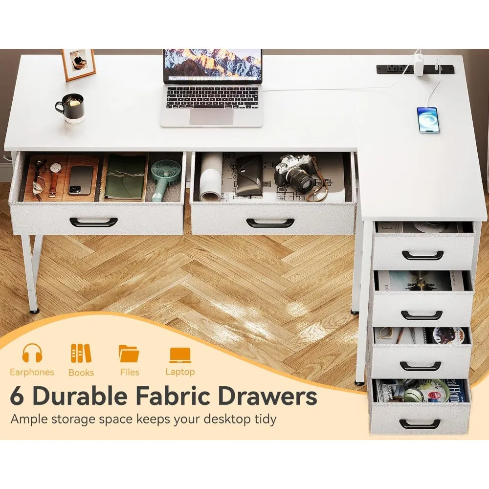 42 Inch L Shaped Desk with Drawers, Computer Desk with Power Outlets, Home Office Desk with 6 Drawers