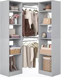 Corner Closet System With 12 Shelves, 40" Large Organizer With 2 Hanging Rods, Versatile 6-Tier Walk-in Closet for Corner Space,
