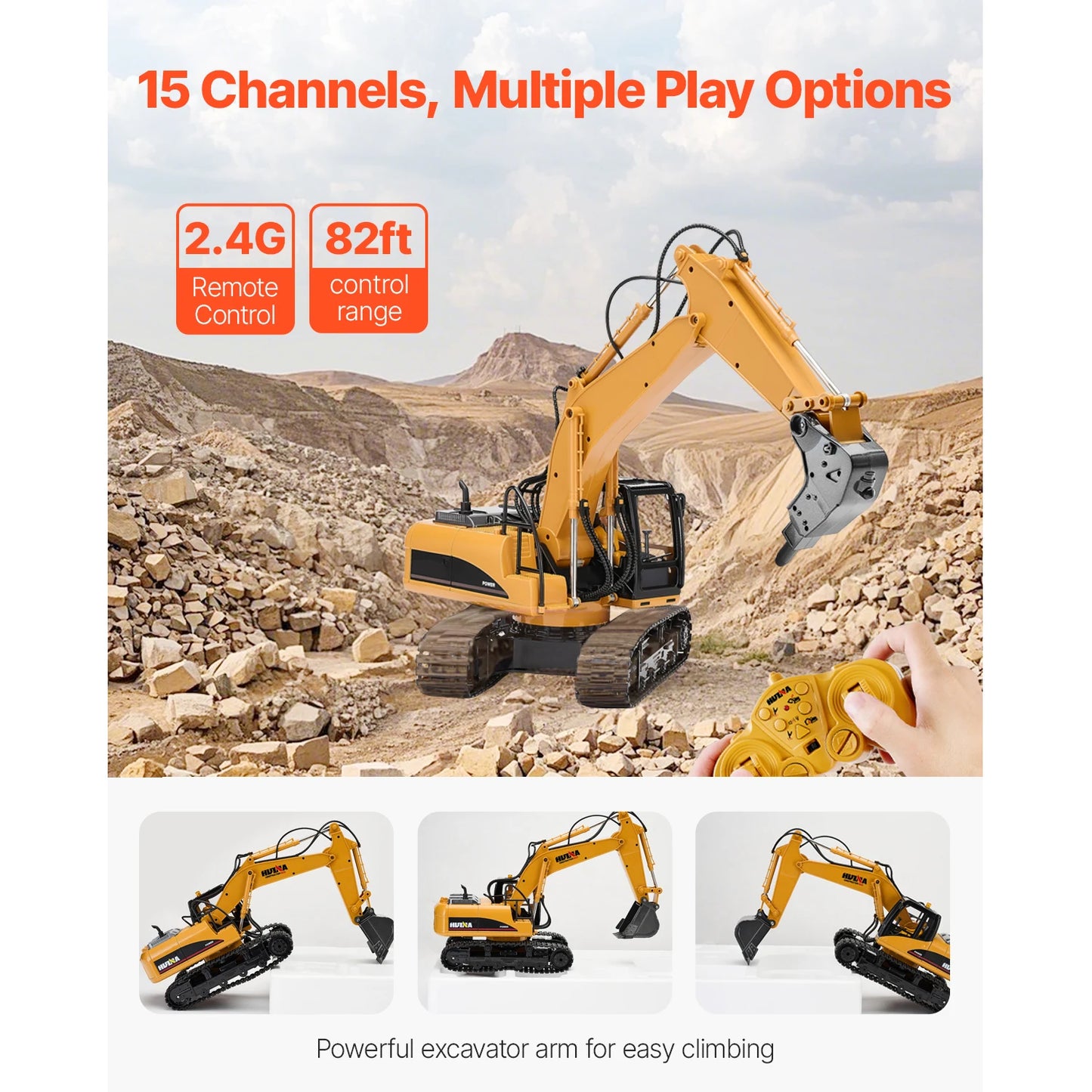 SucceBuy 2.4G Remote Control Excavator Dump Truck 3 in 1 RC Model Car Digger Toy with Light & Sound Construction Vehicle for Kid