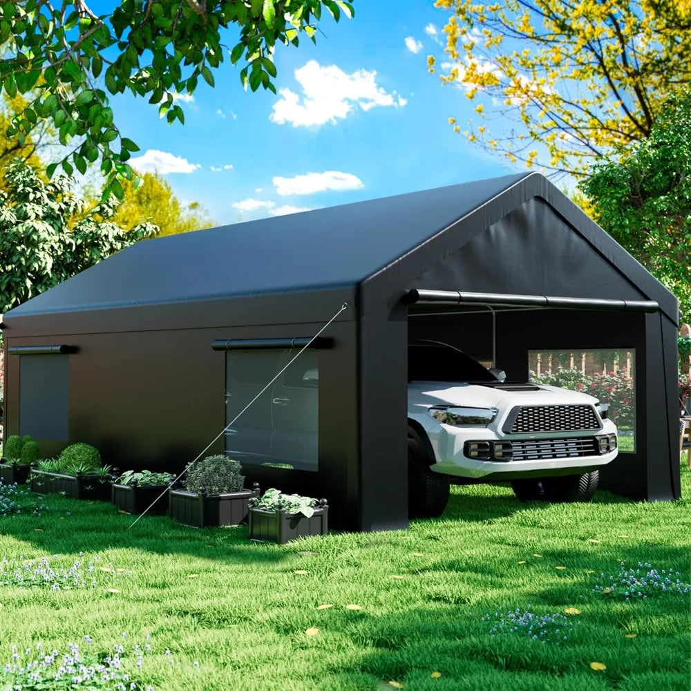 Carport 12' x 20' Heavy Duty Portable Garage, Carport Canopy with Side-Opening Door & Roll-Up Windows, Car Canopy Reinforced Fou