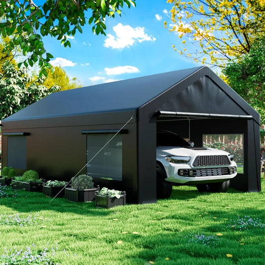 Carport 12' x 20' Heavy Duty Portable Garage, Carport Canopy with Side-Opening Door & Roll-Up Windows, Car Canopy Reinforced Fou