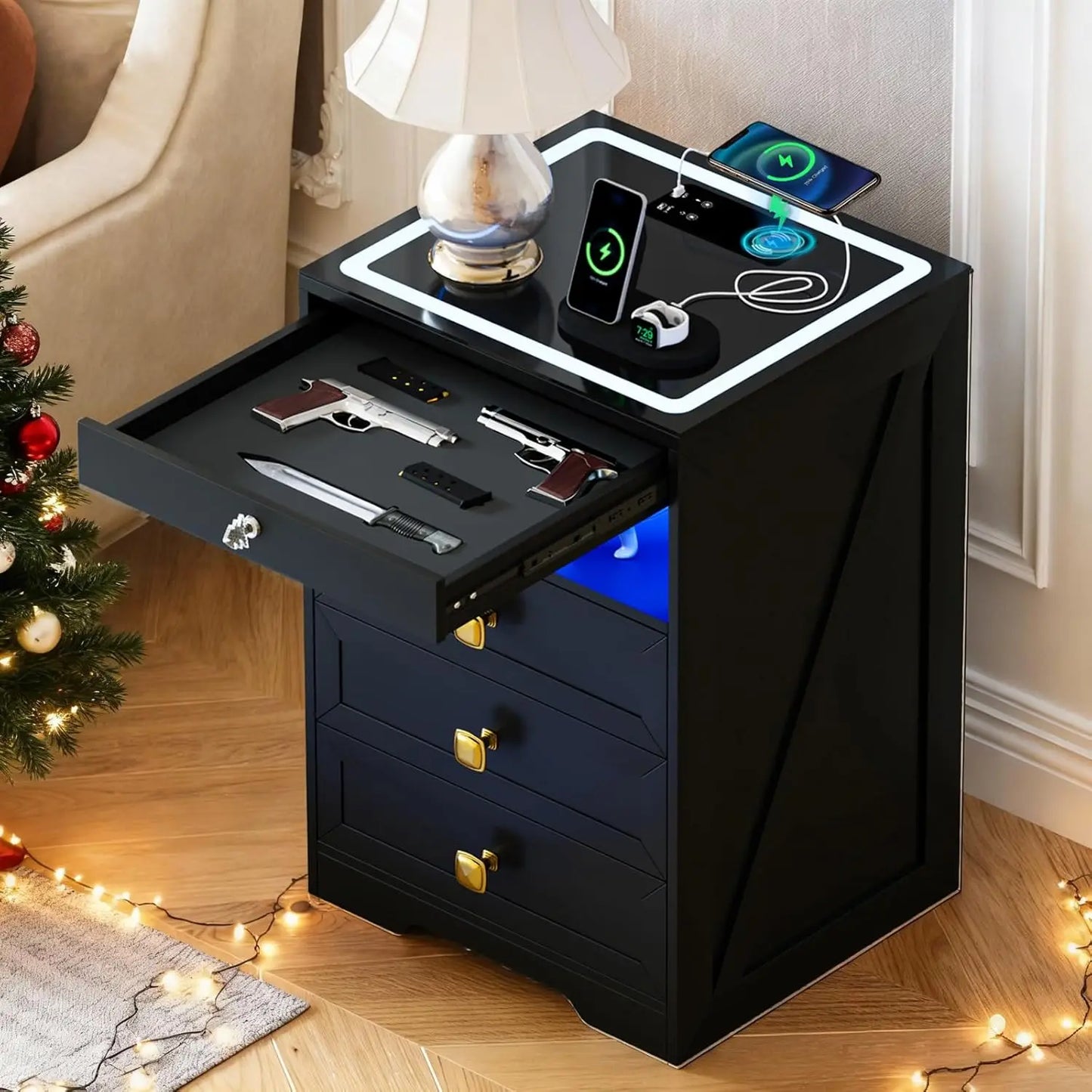 Smart Night Stand with Gun Drawer,Glass Top Nightstand with Charging Sation,LED Bedside Table with 3 Color, Customized