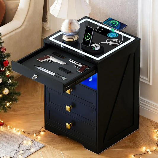 Smart Night Stand with Gun Drawer,Glass Top Nightstand with Charging Sation,LED Bedside Table with 3 Color, Customized