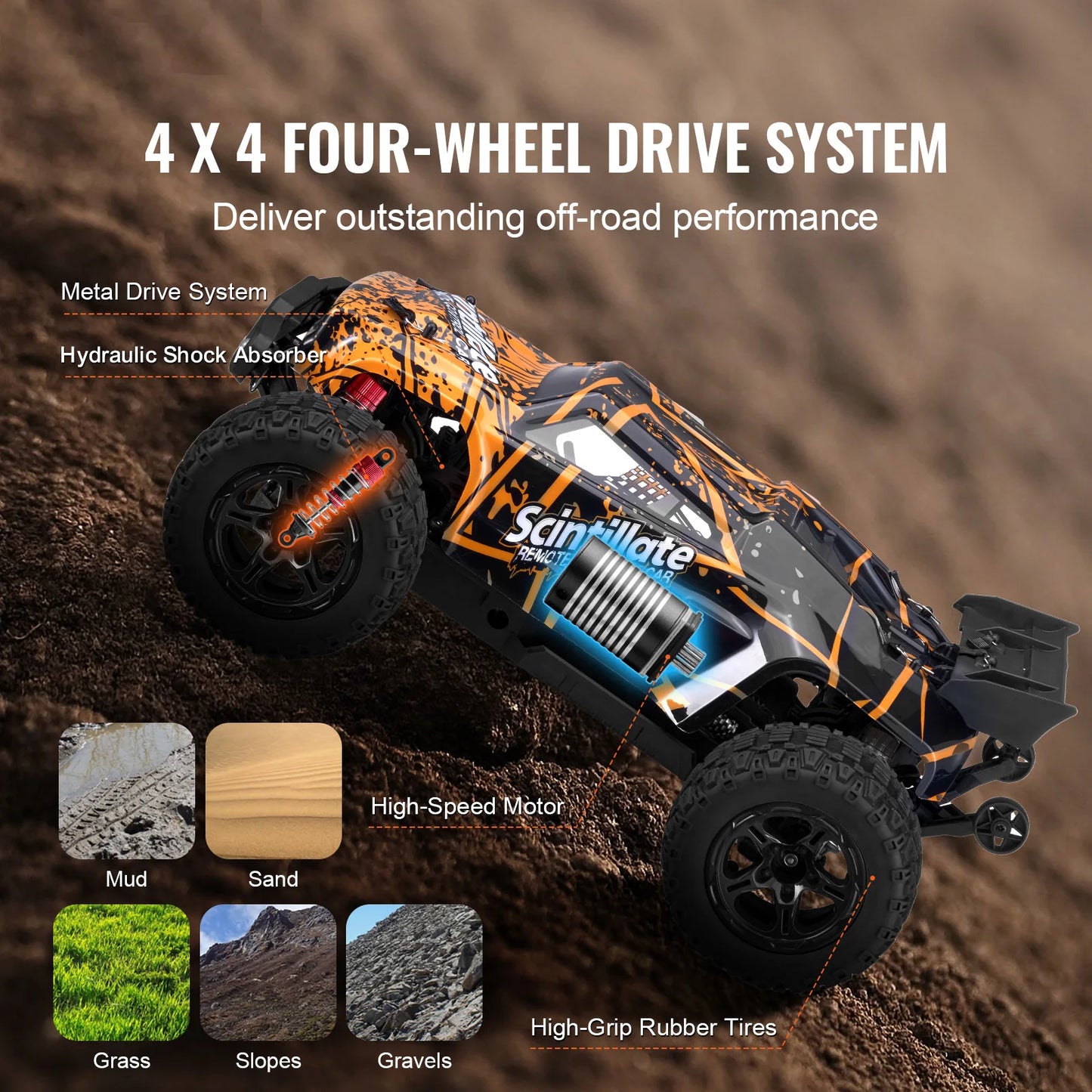 SucceBuy 50 km/h 1:10 RC Car High Speed All Terrain 4WD Off-Road Truck with 45° Wheelie Hobby RC Racing Car Toys Gift for Kids