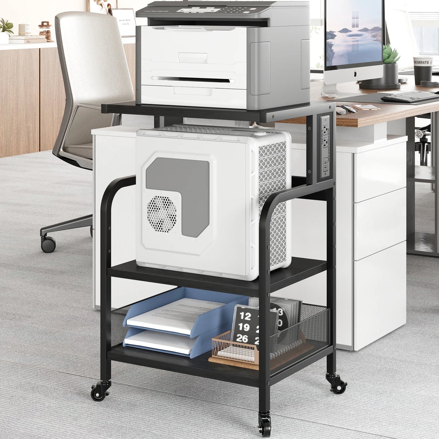 3-Tier Mobile Printer Stand Adjustable Storage Shelf with Charging Station 360° Rotating Wheels Sofa End Table for Home Office