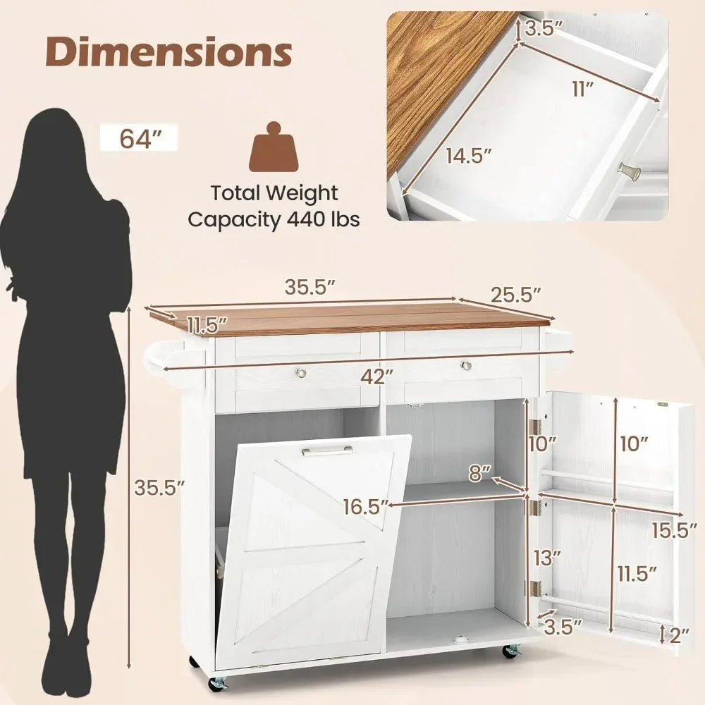 Rolling Kitchen Island with Trash Can Storage Cabinet, Drop Leaf Breakfast Bar Table, Towel Holder, 2 Drawers & Door Racks