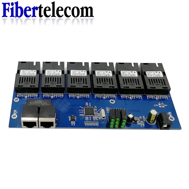 Reverse POE Switch 100M PCBA Board Fiber Optic Media Converter 2 RJ45 to 6 SC Optic Connector  3A+3B Ports 20KM Ethernet