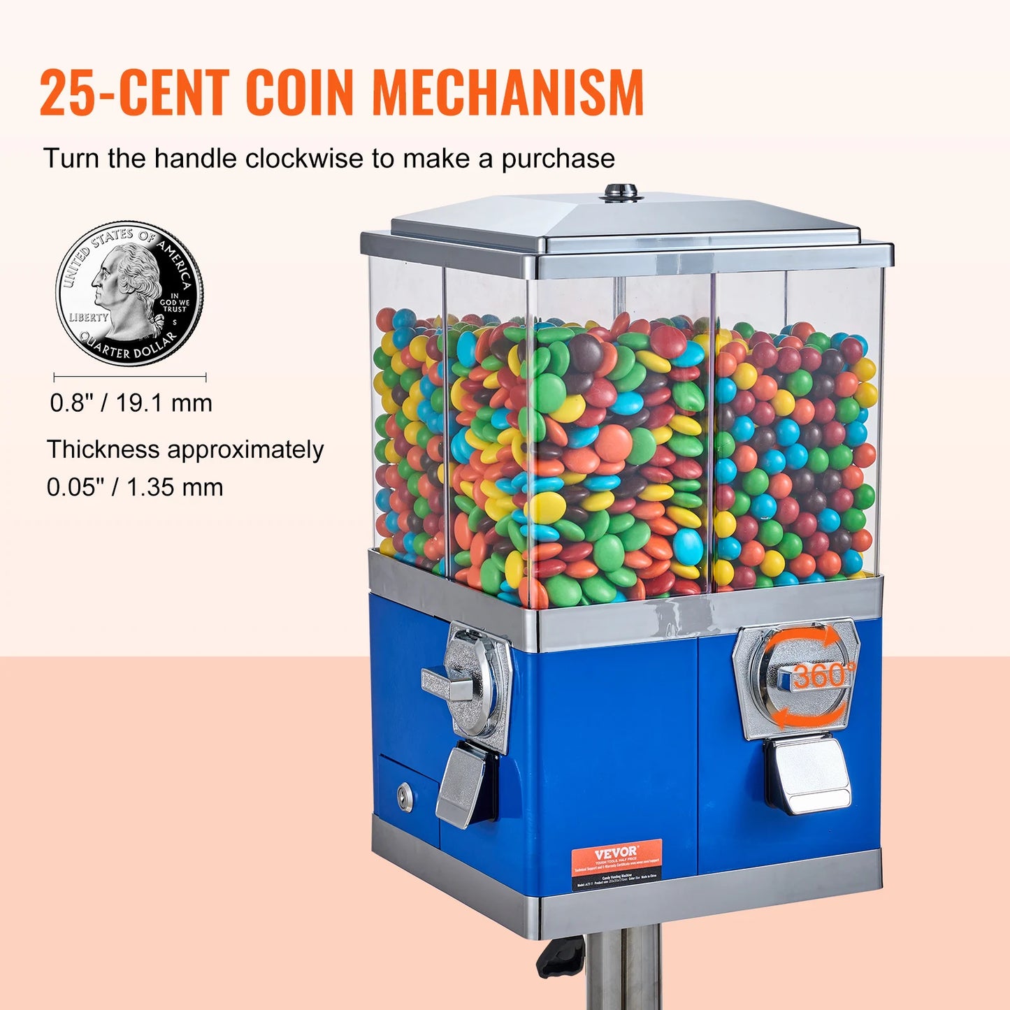 VEVOR Commercial Candy Vending Machine Four Compartment Rotatable 25 Cent Coin For Toy Capsules Bouncy Balls Nut with Stand
