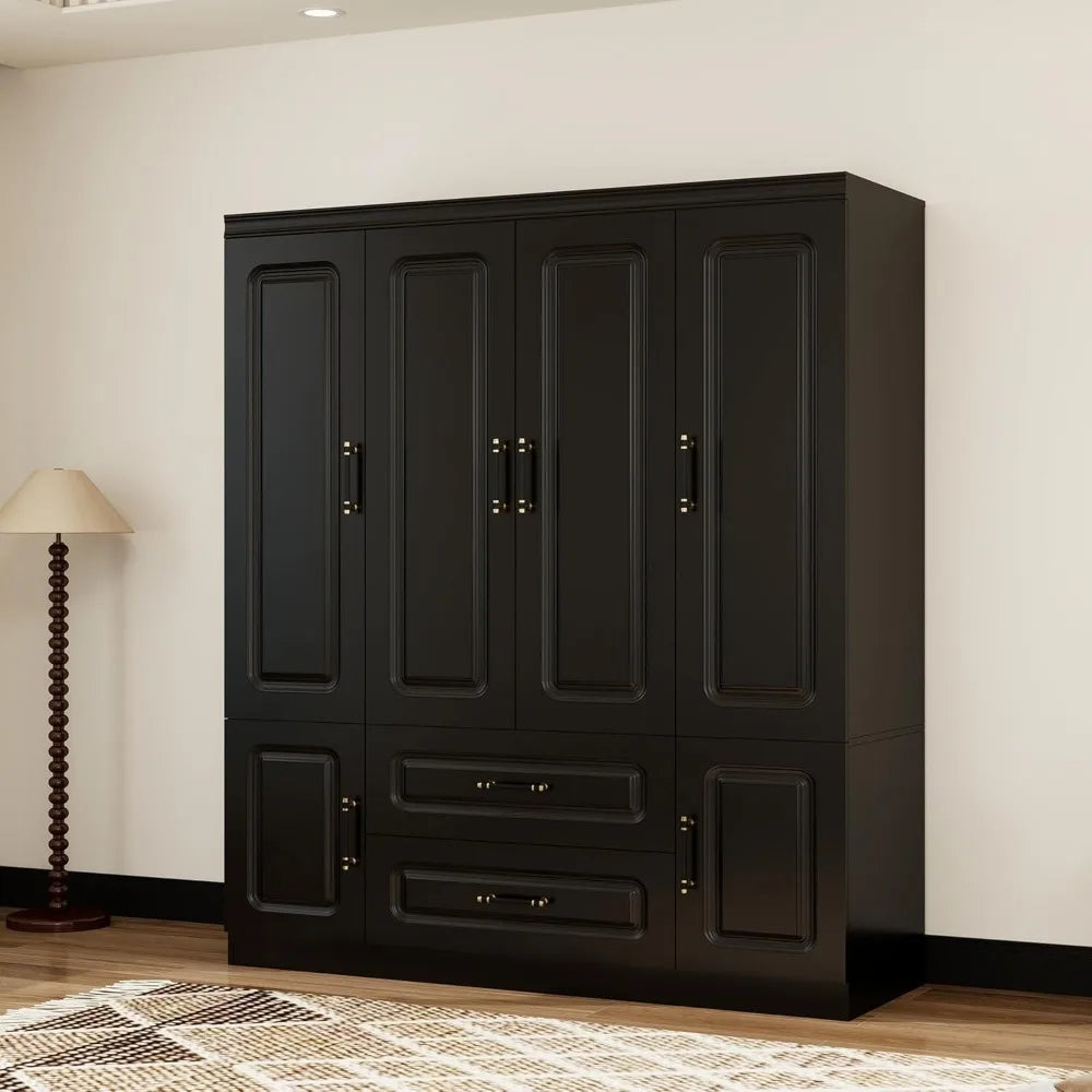 Wooden Armoire Wardrobe Closet：Modern Armoire Wardrobe Closet with 4 Doors, 2 Drawers and Hanging Rods for Tall Cabinet, Large C