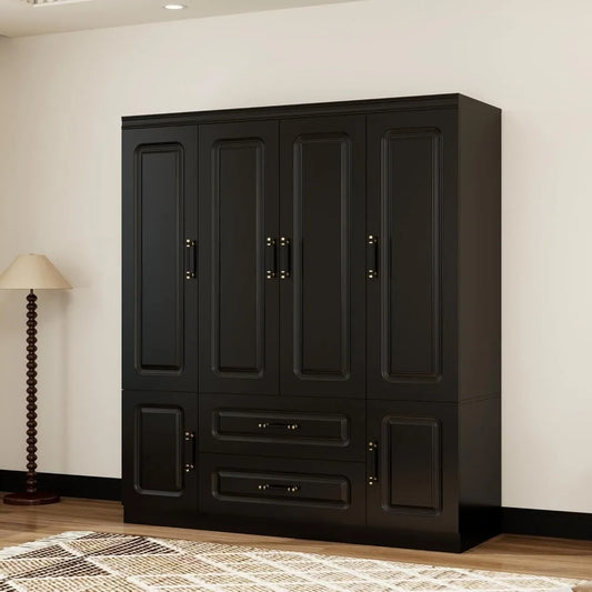 Wooden Armoire Wardrobe Closet：Modern Armoire Wardrobe Closet with 4 Doors, 2 Drawers and Hanging Rods for Tall Cabinet, Large C