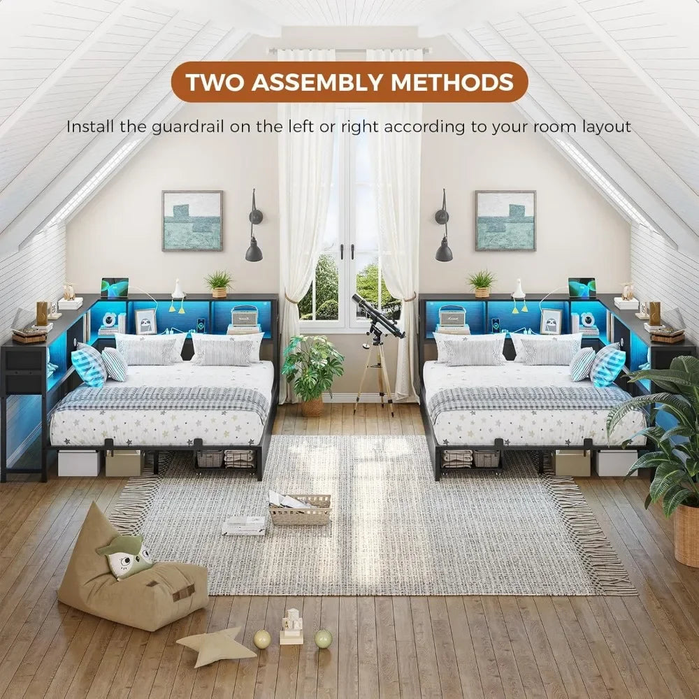 DICTAC Full Corner Bed Frame with Bookcase Storage and Led Lights Metal Platform Bed Frame Full Size with Storage Drawers & Char