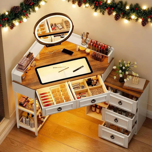 Corner Vanity Desk, Glass Top Makeup Vanity with Human Body Senor&Charging Station, LED Vanity Table Set
