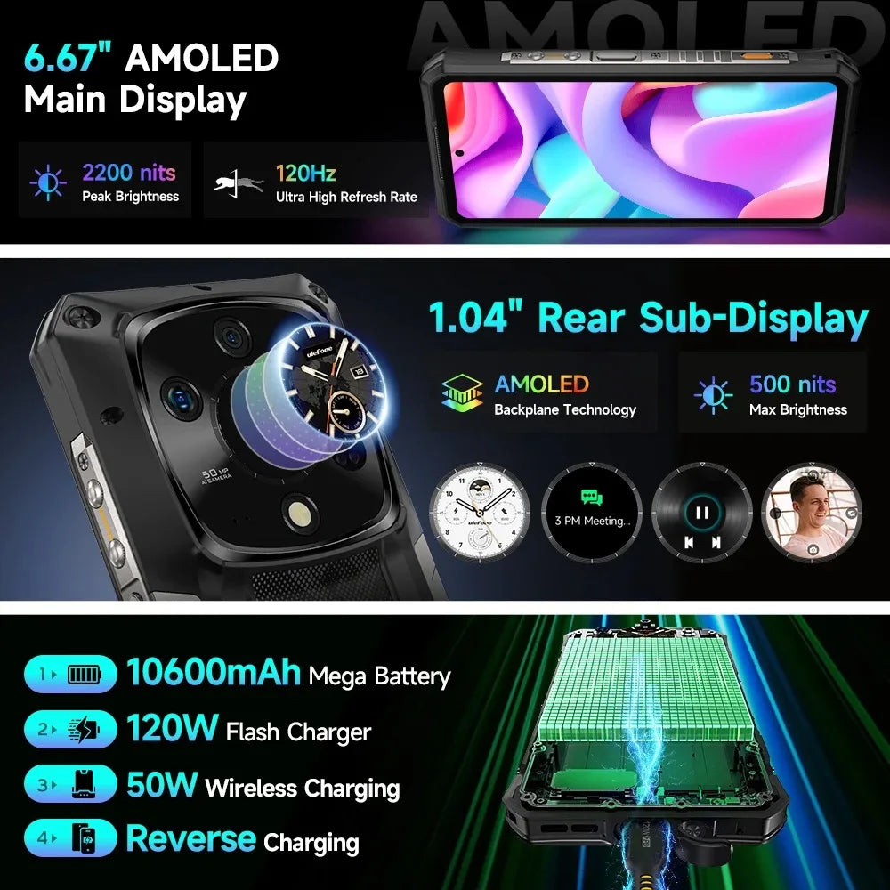Ulefone Armor 28 Pro 5G AI Rugged Phone 6.67”AMOLED 64MP Smartphone 120W MTK Dimensity 7300 10600mAh 512GB ROM Mobile phone