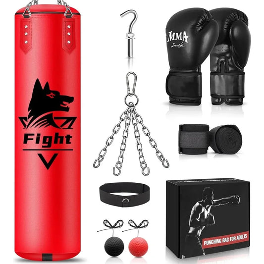 4FT Hanging Punching Bag for Adults Super PU Leather Boxing Training Equipment Heavy Bag with 12OZ MMA Gloves Unfilled Kicking