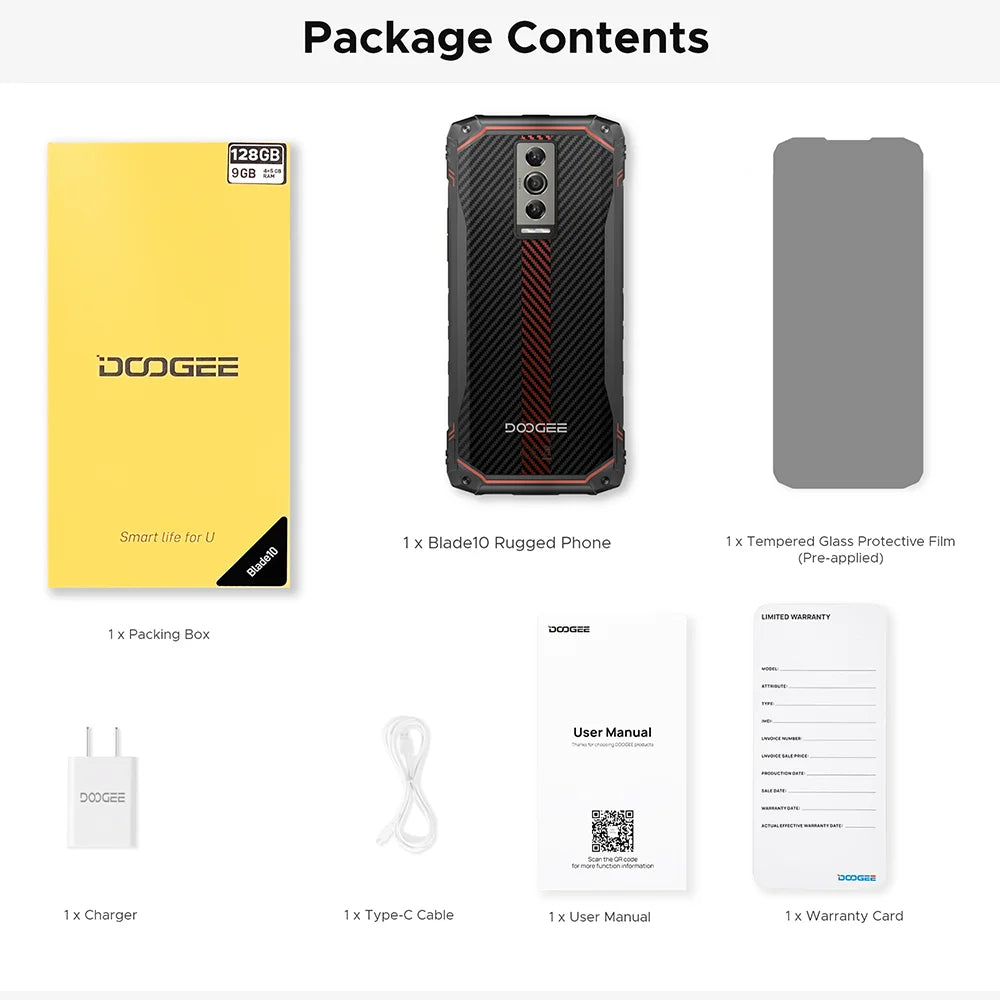 DOOGEE Blade10 Rugged Phone 6.56 Inch 90Hz IPS Display 9GB(4+5) 128GB Octa Core 16MP Main Camera 5150mAh Android 14 Face Unlock