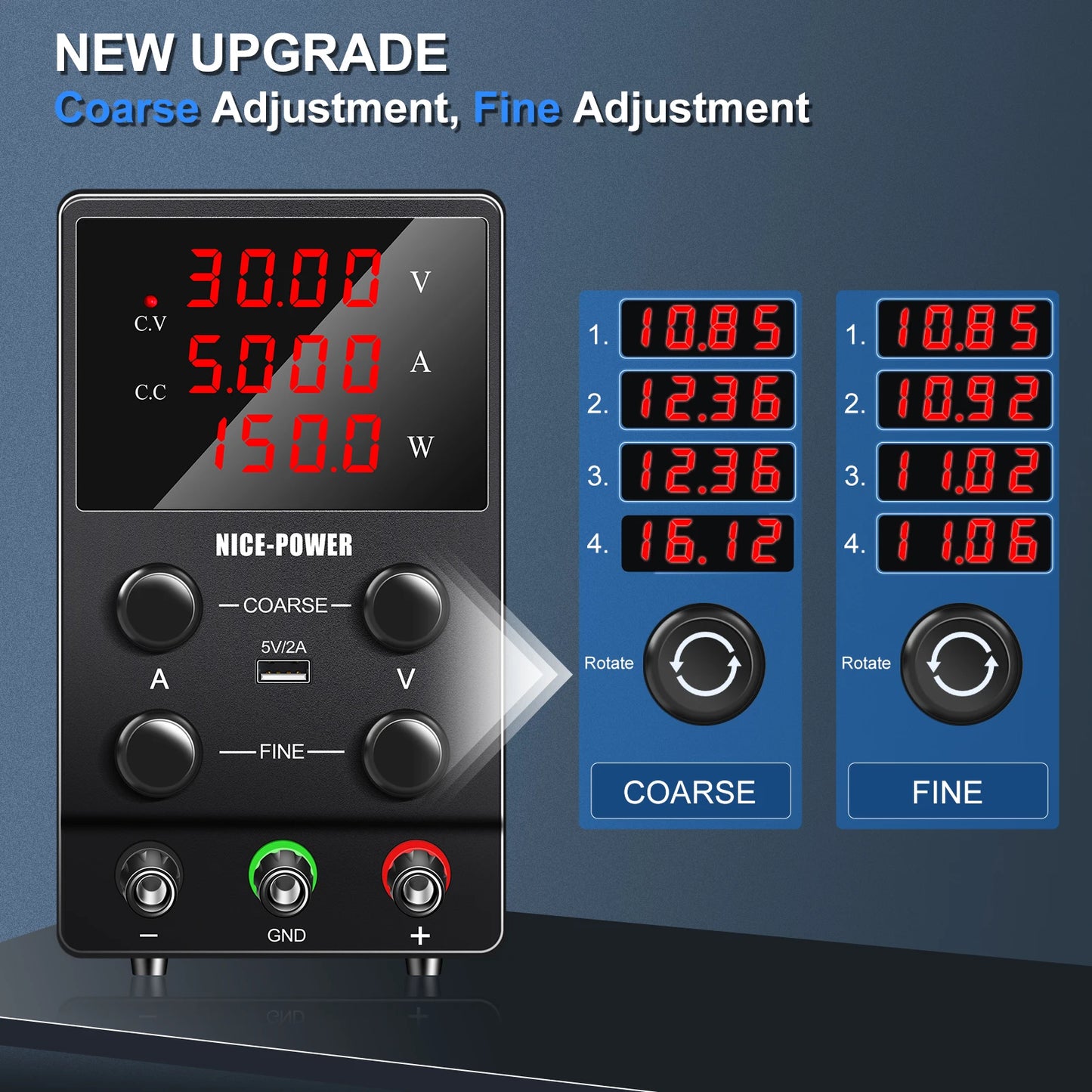 NICE-POWER Adjustable Switching DC Power Supply 30V 5A Lab Bench Power Supply Output Preset Current USB Inter Bench Source AC110