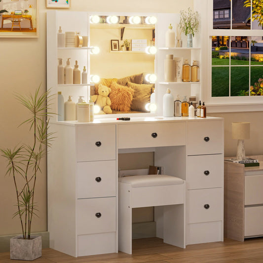 Teousev White Modern Vanity Set with 10 LED Lighted Mirror 5 Drawers & Stool 3 Color Dimmable Easy Assembly Bedroom Dressers
