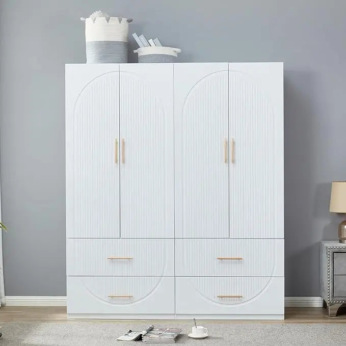 Wooden Armoire Wardrobe Closet：Modern Armoire Wardrobe Closet with 4 Doors, 2 Drawers and Hanging Rods for Tall Cabinet, Large C