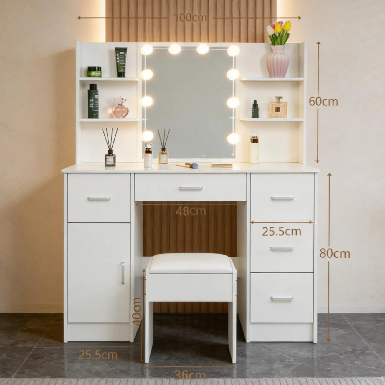 Teousev White Light Luxury LED Vanity Dressing Table with HD Mirror 5 Drawers & Stool 3 Color Dimmable Easy Assembly Makeup Desk
