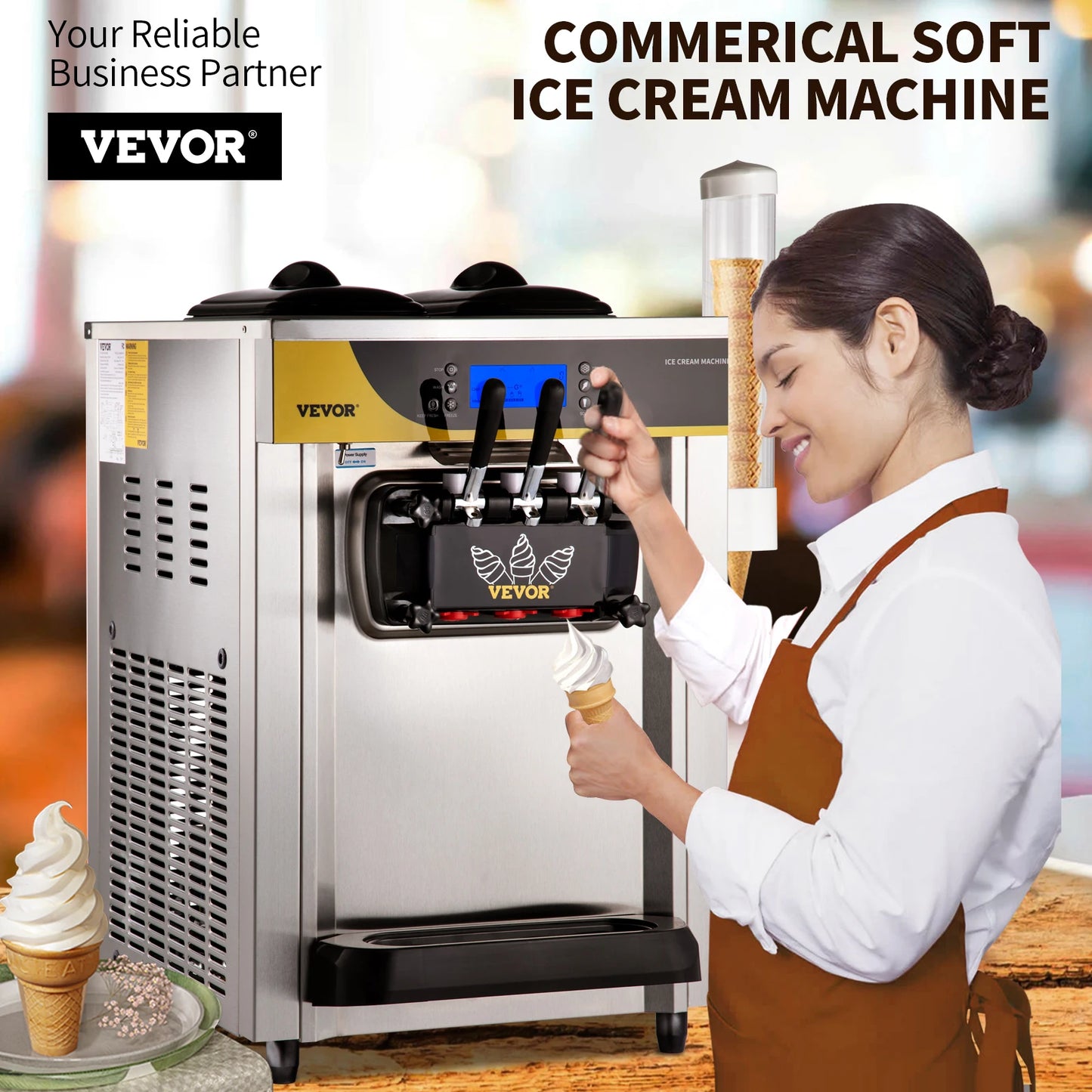 SucceBuy Ice Cream Maker 22-30L/H Yield 2200W Countertop Soft Serve Machine Frozen Yogurt Maker for Restaurant Snack Bar