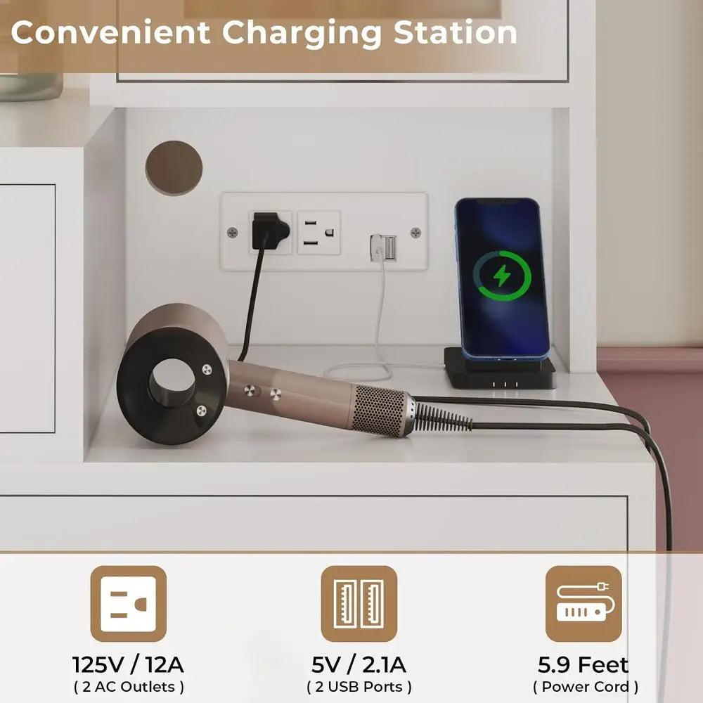 Large White & Gold Makeup Vanity Desk with Illuminated Mirror, 5 Drawers & Charging Station