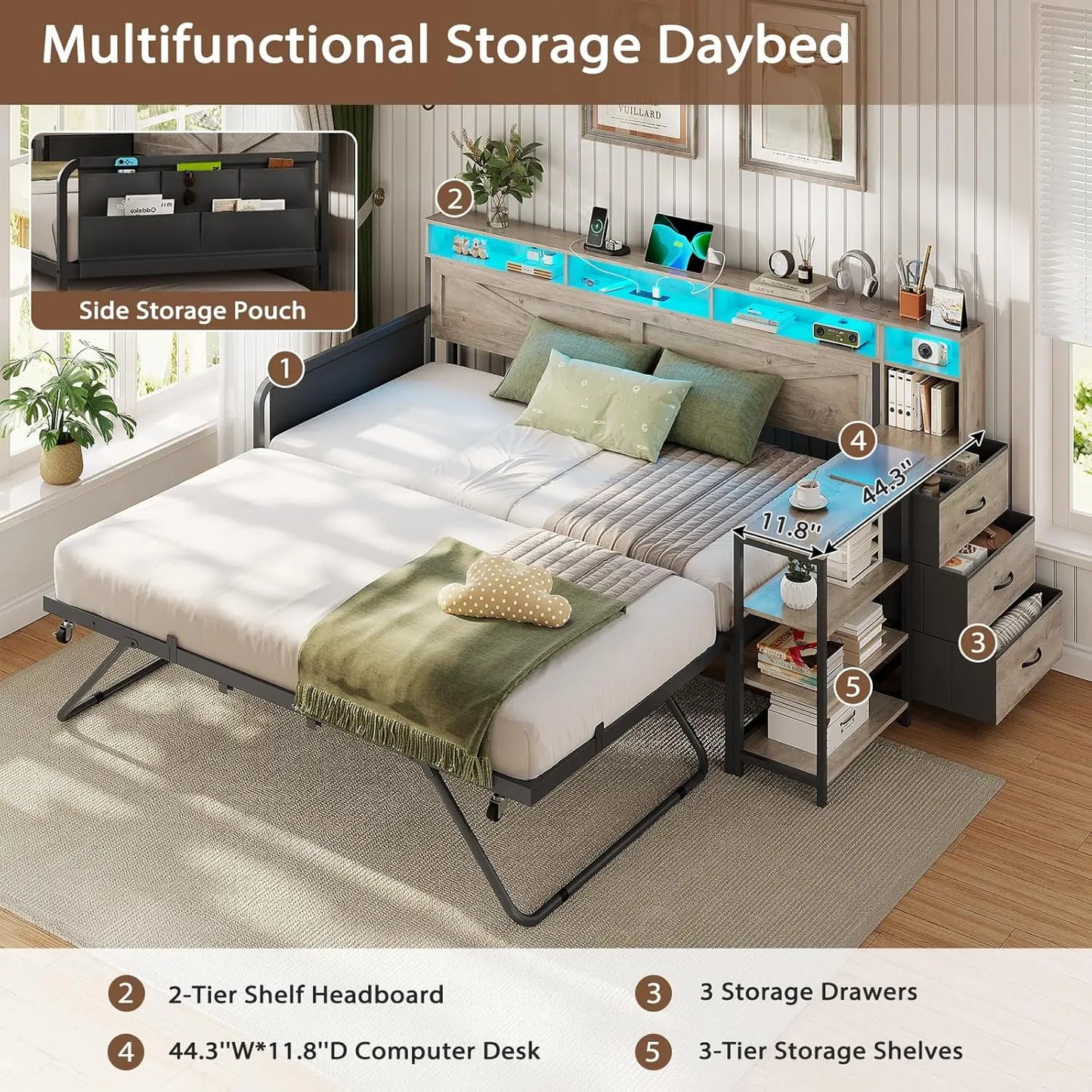 Daybed Twin with Pop Up Trundle, Farmhouse Wooden Day Bed Frame with 3 Storage Drawers and Shelves, Twin to King Daybedy