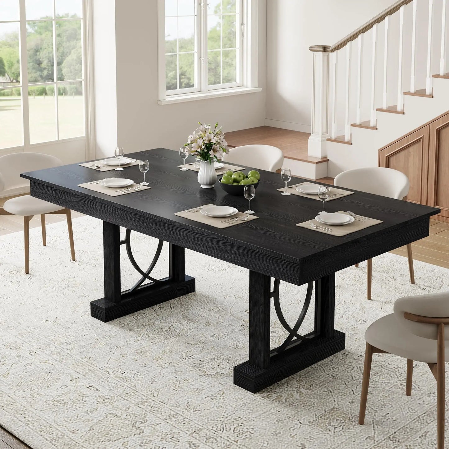 Large 71 Inch Dining Table With 2 Storage Drawers For 6-8, Rustic Wood Kitchen Table, Heavy Duty Base, Home Office Desk
