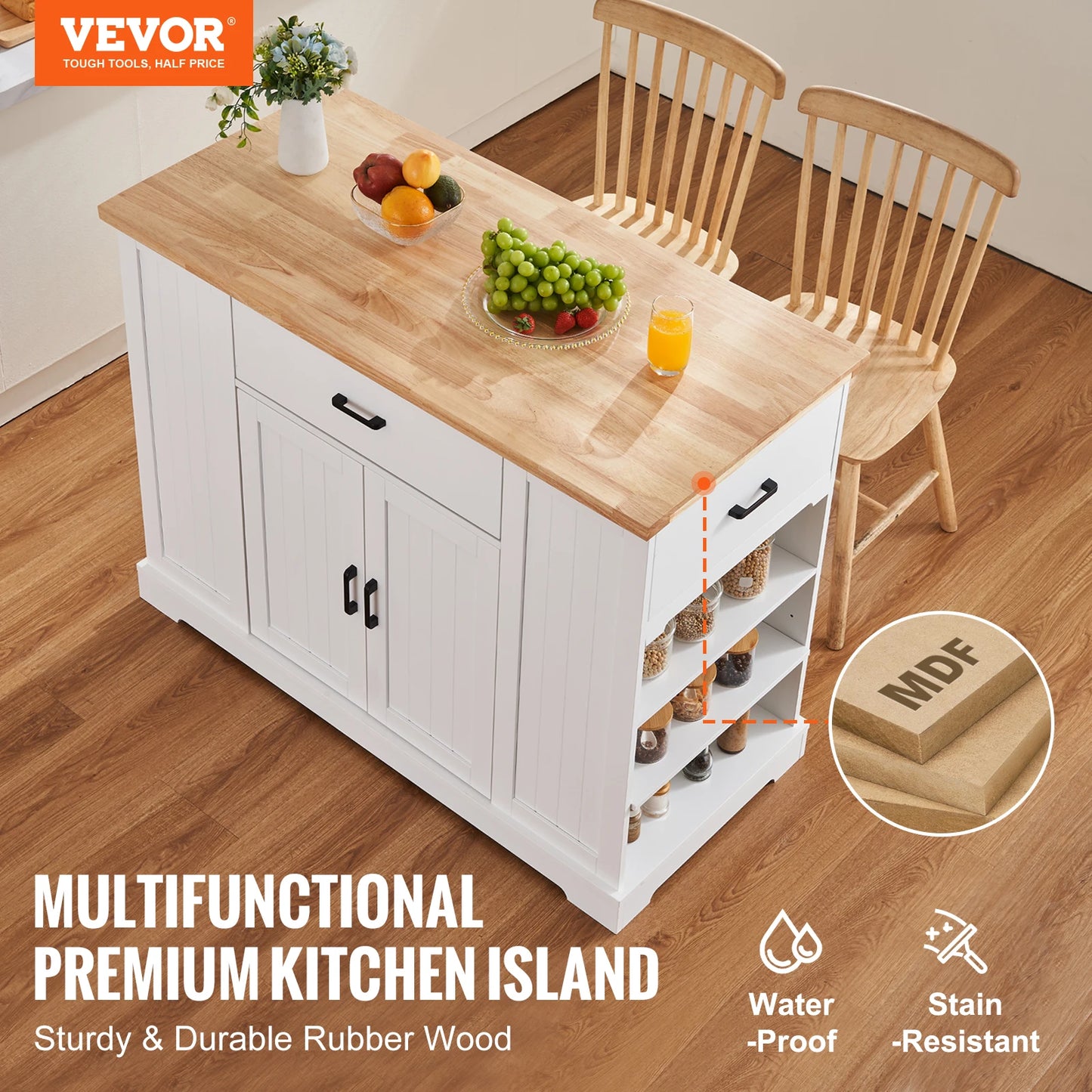 VEVOR Kitchen Island Cart 46" Wood Top Breakfast Bar with Storage Cabinet Farmhouse Kitchen Table with Adjustable Shelf Drawer
