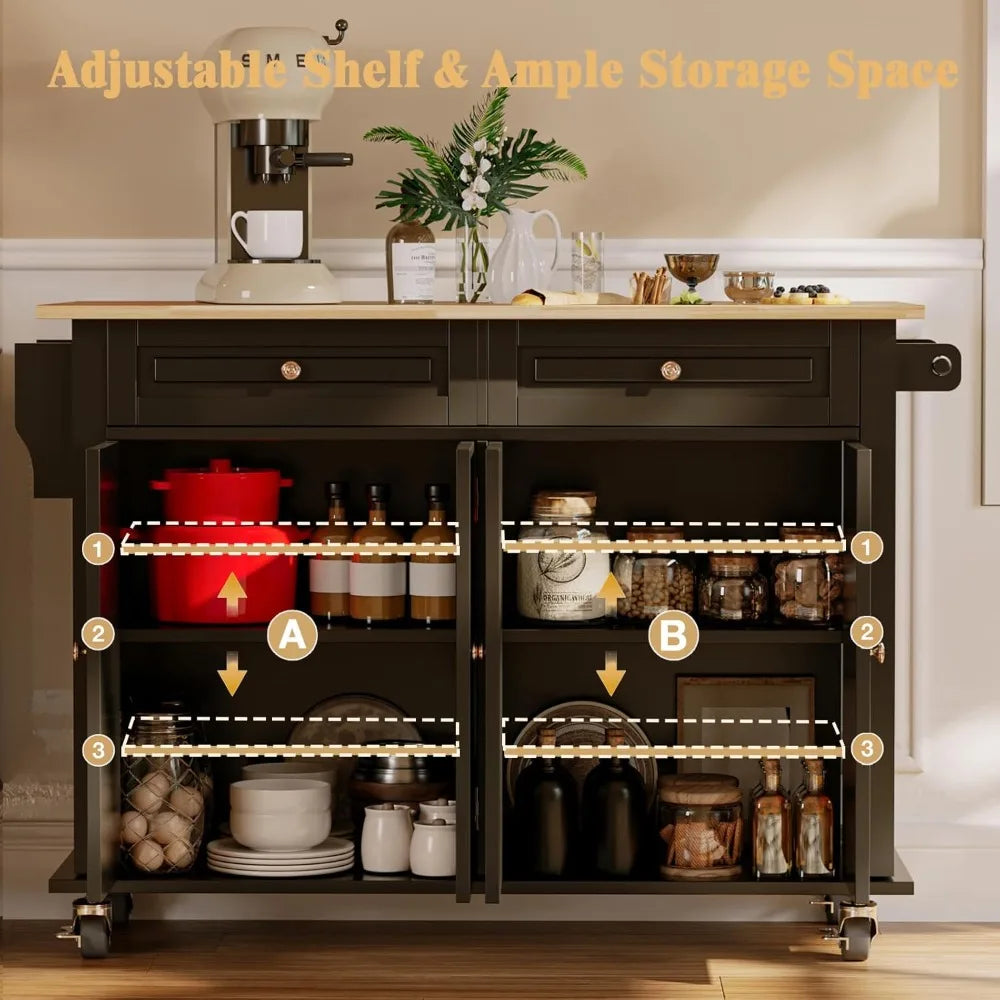 59" Rolling Kitchen Island with Drop Leaf - Mobile Cart with Storage Drawers & Towel Rack, Multi-Functional for Kitchen & Dining