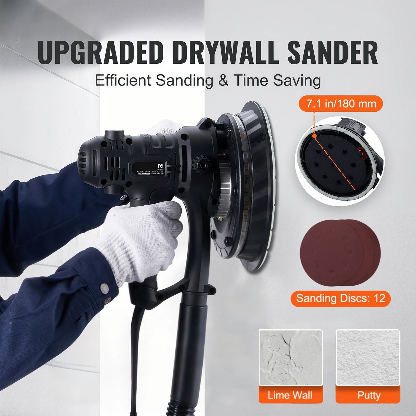SucceBuy Drywall Sander Variable Speed 1200-2300 RPM Wall Sander with Automatic Vacuum Dust Collection System Double LED Lights