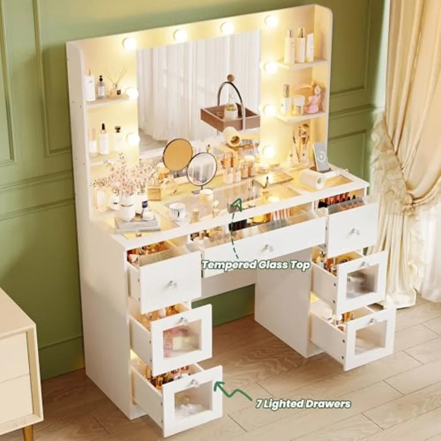 Makeup Vanity with Lights 3 Colors Glass Top Vanity Desk with 7 Lighted Drawers 4 Shelves Power Outlet Makeup Desk