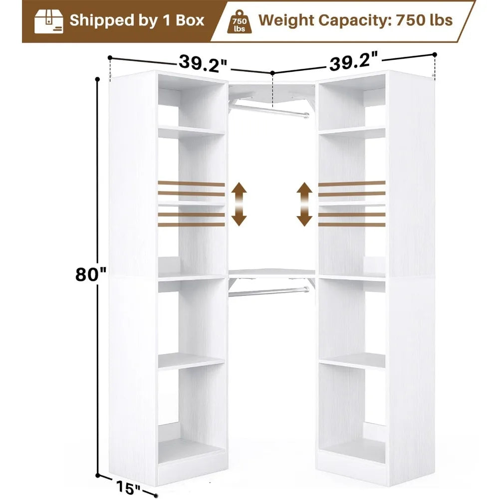 Corner Closet System with 12 Shelves, 39.2" Corner Closet Organizer System with 2 Hanging Rods, Versatile 6-Tier，Customized