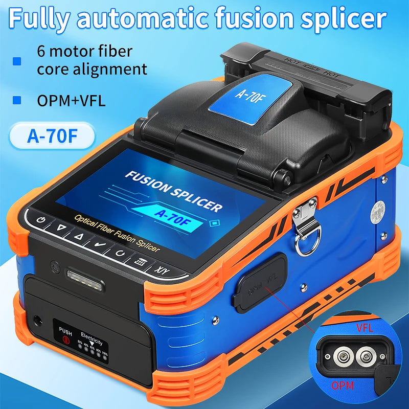 A-70F Six Motors Optical Fiber Fusion Splicer SM MM 10 Languages Touch Screen Fiber Optic Core Welding Machine Built in VFL OPM