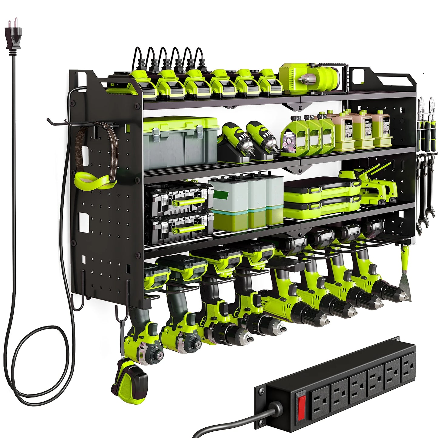 4 Layer Power Tool Organizer Wall Mount with Charging Station, Heavy Duty Tool Organization Rack, Screwdriver Storage, Tool Shel
