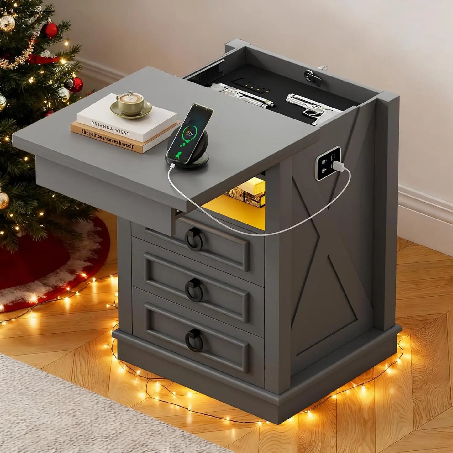 Smart Night Stand with Gun Drawer,Glass Top Nightstand with Charging Sation,LED Bedside Table with 3 Color, Customized