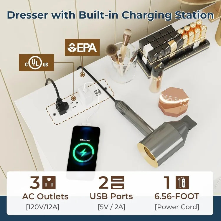 White Dresser for Bedroom with 10 Drawers, Large Chest of Drawers Storage Organizer, Long Dresser TV Stand with Power Out