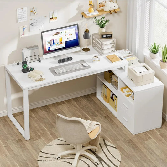 Shaped Desk with Drawers&Shelves, 55'' Corner Computer Desk with Power Outlets, Reversible PC Table with Storage File Cabinet