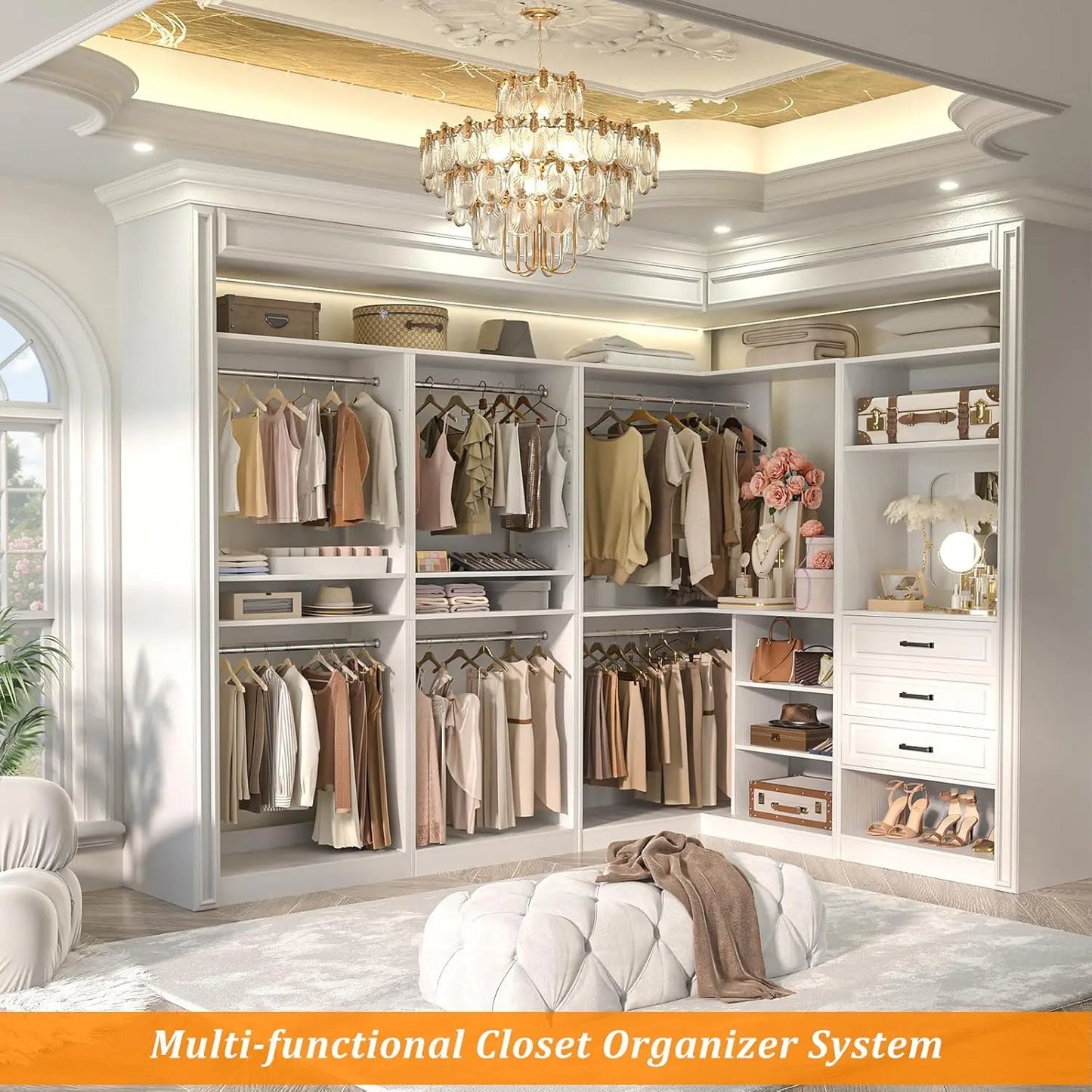 86in Corner Closet Organizer Wood with Drawers Mirror Rods Shelves Walk-in, Customized