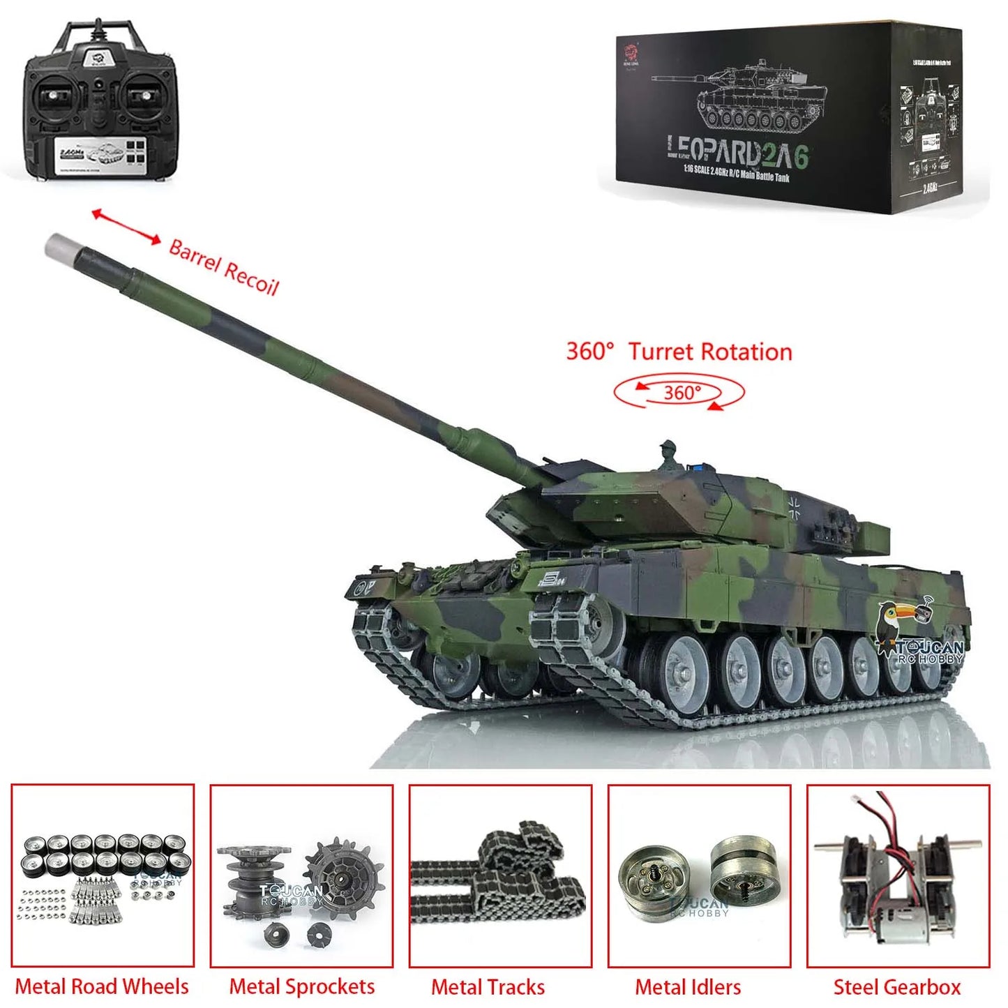 US Stock RC Tank 3889 Heng Long 1/16 7.0 Leopard2A6 Barrel Recoil Metal Tracks with Durable Rubbers Tanks Radio Control Panzer