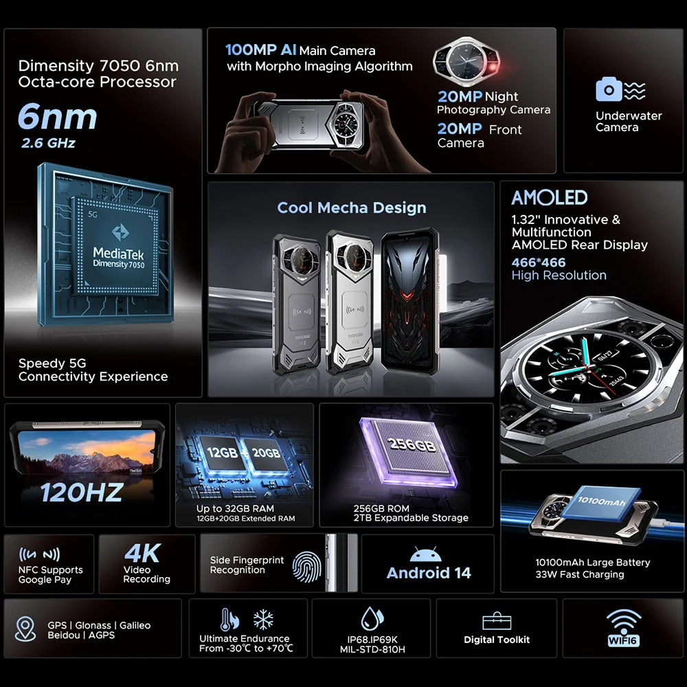 DOOGEE S200 5G Rugged Phone 6.72" Dimensity 7050 12GB RAM 256GB ROM 100MP AI Main Camera 10100mAh Battery NFC Smartphone